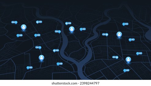 Marca de ubicación del mapa. Rastreador de vehículos de batería. Servicio de alquiler: patear moto, bicicleta, auto eléctrico. Aplicación para búsqueda, alquiler de transporte. Aparcamiento remoto del vehículo conectado. Ilustración vectorial editable