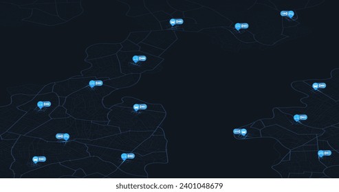 Map location mark. Battery vehicles tracker. Rental service: kick scooter, bicycle, electric car. App for search rent transport Connected vehicle remote parking. Editable vector illustration isometric