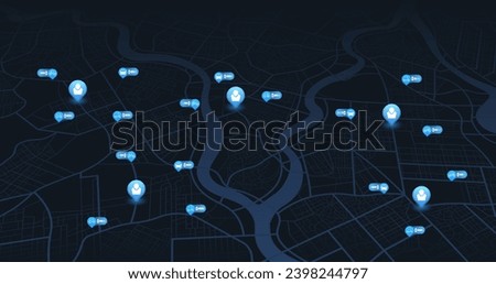 Map location mark. Battery vehicles tracker. Rental service: kick scooter, bicycle, electric car. App for search, rent transport. Connected vehicle remote parking. Editable vector illustration