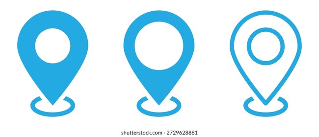 Kartenpositionsmarkierungssymbol, blauer Vektor. Blaues Kartenmarkierungssymbol im skalierbaren Vektorformat. Perfekt für Reise-Websites, Routenpläne, Geolokalisierungs-Apps und Interface-Design. Vektorgrafik.