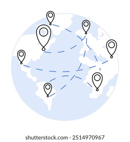 Map with location markers connected by dashed lines on a globe. Ideal for themes of global connectivity, logistics, travel, networking, and international business. Minimalist vector style.