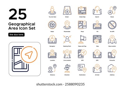 Map and Location Markers. Global Navigation, GPS Routes, and Travel Directions. Vector Illustration. Oultine duo tone icon set