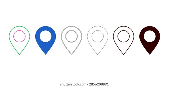 Map location markers in outline and solid black styles for navigation and geolocation services on digital interface maps.