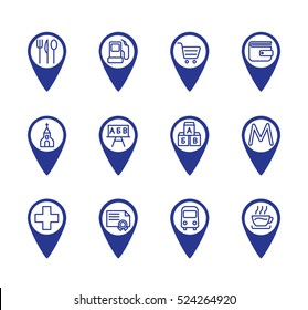 Map location markers, pointers vector simple icons set. Cafe, metro, bus stop, refill, grocery store, bank, church, school, Kindergarten, university, pharmacy