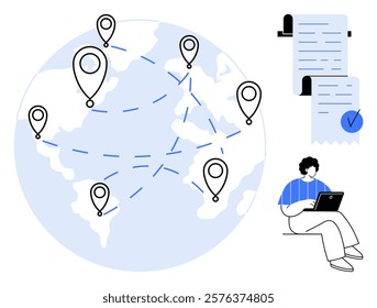 A map with location markers represents worldwide connectivity. A person with a laptop and online documents signify remote work and digital documentation. Ideal for globalization, technology, remote