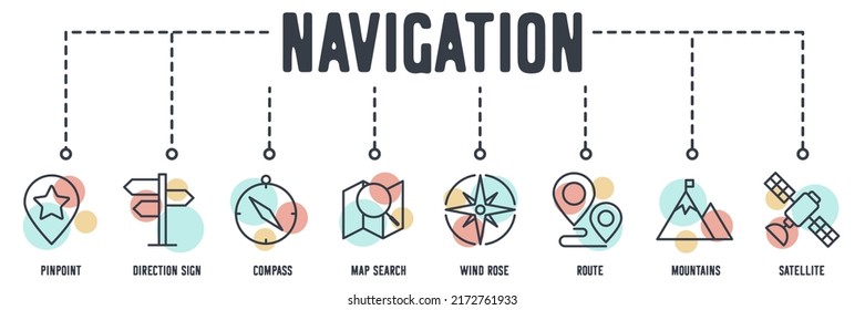 Map location and navigation banner web icon. pinpoint, direction sign, compass, map search, wind rose, route, mountains, satellite vector illustration concept.