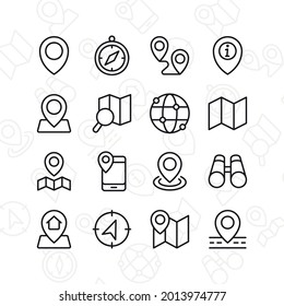 Map, location, navigation icon set. Contains such Icons as pin, route, gps, and more. Line style design. Vector graphic illustration. Suitable for website design, app, template, ui.
