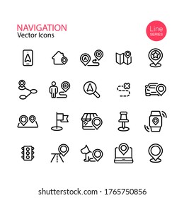 Map location and navigation line icon set. Pin, destination, GPS, mobile phone, flat, distance marker, traffic light. Vector on isolated white background. Eps 10