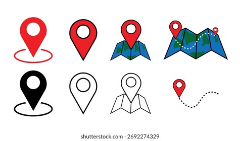 Localização do mapa e ícones do pino de navegação definidos isolados no fundo branco