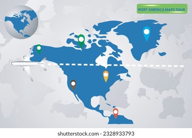 map of location of north America with planes flying over its territory towards the destination vector illustration