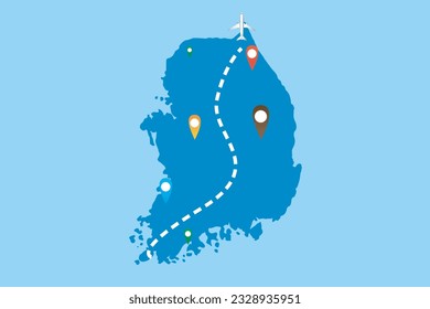 map of location of North Korea with planes flying over its territory towards the destination vector illustration