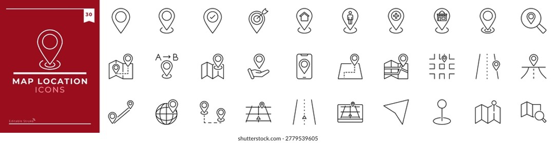 Map Location, Outline icons collection. Simple vector illustration. map, location, navigation, travel, direction, pin, route, marker and more