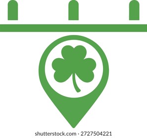 Map location pin combined with calendar icon and shamrock clover. Flat vector illustration for event planning, reminders, and navigation, isolated on white background.