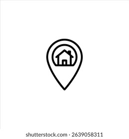 A map location pin containing a simple house silhouette. A line art symbol for home address, GPS navigation, or real estate search, isolated on a white background.
