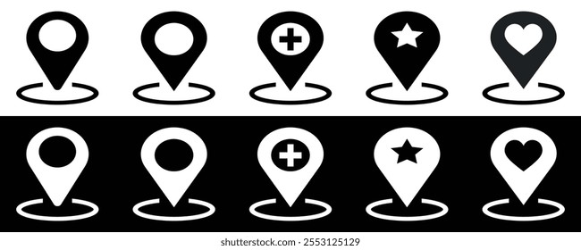 Map location pin, favorite location marker. Map pointer with star, heart icon vector illustration.