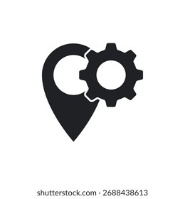 Alfiler de ubicación de mapa con un engranaje para configuración de icono sólido mínimo