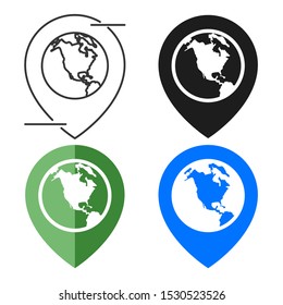 Map location pin with globe icon set. Flat style. Isolated on white background.