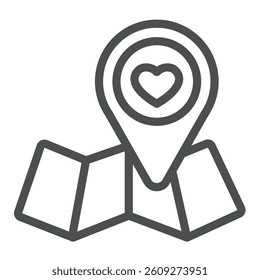 Map and location pin with heart line icon, charity concept. Vector graphics. Donation point on paper map sign on white background, outline style icon for mobile or web design