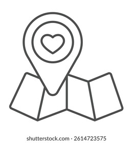 Map and location pin with heart thin line icon, charity concept. Vector graphics. Donation point on paper map sign on white background, linear style icon for mobile or web design