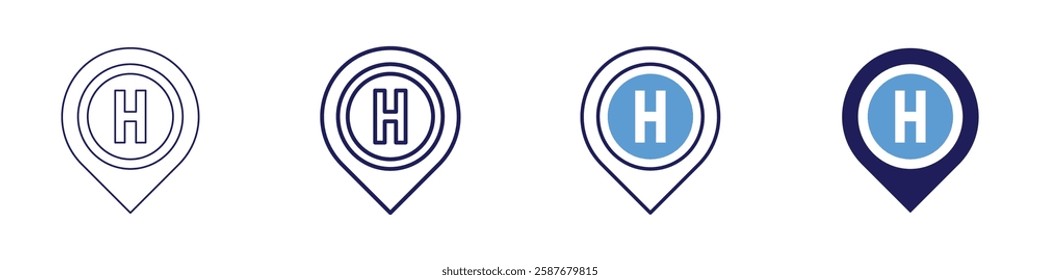Map location pin icon in 4 different styles. Thin Line, Line, Bold Line, Duotone. Duotone style. Editable stroke.