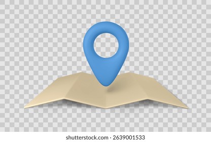 Map Location Pin Icon on Folded Paper Map in 3D Style. Perfect for Navigation, GPS, Travel, and Mobile App UI Design Projects. Clean and Minimal Style. Vector Illustration.