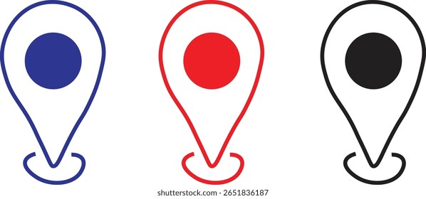 Map location pin icon set in blue red black vector illustration for navigation and travel designs, navigation apps, travel designs, infographics, and UI elements Map location pin icon set in blue, red