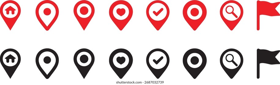 Localização do mapa Pin Icon Set - Marcador de GPS vermelho e preto e sinalizador de símbolo Vetor Design	