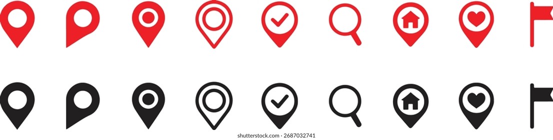 Mapa Locación Pin Icon Set - Marcador GPS rojo y negro y diseño de Vector de símbolo de bandera	