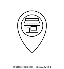 map location pin icon with shop or shophouse symbol inside, showing business location, local business, physical store, business address, local services, nearest store search, isolated on white