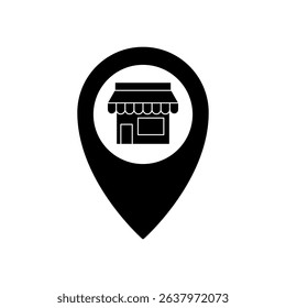 map location pin icon with shop or shophouse symbol inside, showing business location, local business, physical store, business address, local services, nearest store search, isolated on white