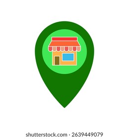 map location pin icon with shop or shophouse symbol inside, showing business location, local business, physical store, business address, local services, nearest store search, isolated on white