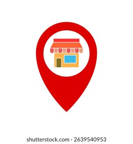 map location pin icon with shop or shophouse symbol inside, showing business location, local business, physical store, business address, local services, nearest store search, isolated on white