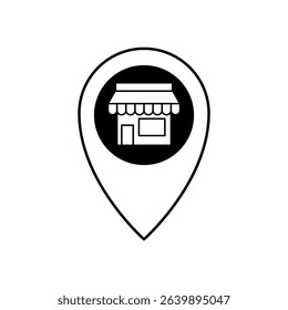 map location pin icon with shop or shophouse symbol inside, showing business location, local business, physical store, business address, local services, nearest store search, isolated on white