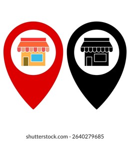 map location pin icon with shop or shophouse symbol inside, showing business location, local business, physical store, business address, local services, nearest store search, isolated on white