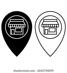 map location pin icon with shop or shophouse symbol inside, showing business location, local business, physical store, business address, local services, nearest store search, isolated on white