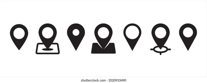 Juego de vectores de icono de ubicación de mapa. Ilustración del icono de punto de marcador de posición del mapa. Plantilla de diseños de variación.