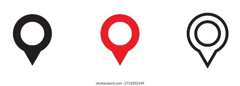 Map location pin icons in black and red. Simple set of map location pin icons in black, red, and outlined style, useful for navigation apps, maps, and interface design.
