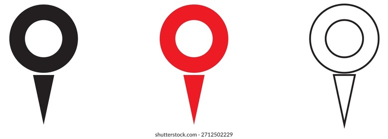 Mapeie os ícones de pin de localização em preto e vermelho. Conjunto simples de ícones de pinos de localização de mapas em preto, vermelho e estilo contornado, útil para aplicativos de navegação, mapas e design de interface.