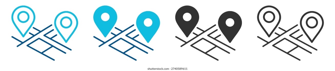 Map location pin icons on street grid, navigation gps markers showing multiple destinations and urban routes on transparent background

