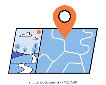 Map with location pin and landscape view vector illustration. Travel planning, navigation services, tourism, destination, road trip, geography. Cartography chart with position marker