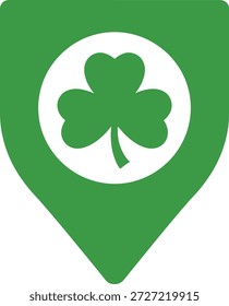 Kartenposition Pin Marker mit Shamrock Klee Symbol. Flache Vektorgrafik, geeignet für Navigation, Reisen und Designs mit irischem Thema, einzeln auf weißem Hintergrund.