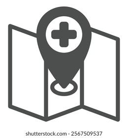 Map and location pin with medical cross solid icon, human rescue concept. Vector graphics. Geo position, navigation sign on white background, glyph style icon for mobile or web design