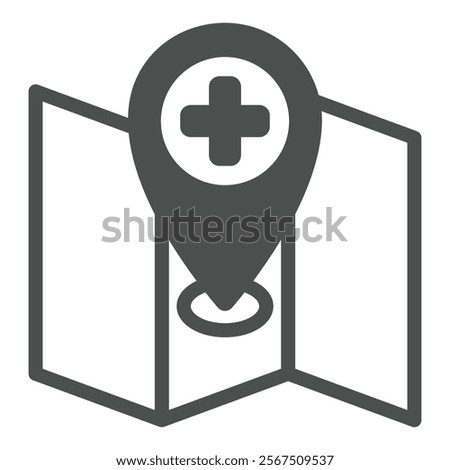 Map and location pin with medical cross solid icon, human rescue concept. Vector graphics. Geo position, navigation sign on white background, glyph style icon for mobile or web design