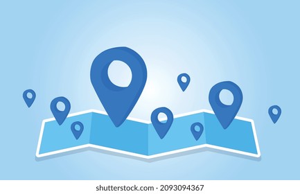 map and location pin or navigation icon sign on blue background with search concept. 