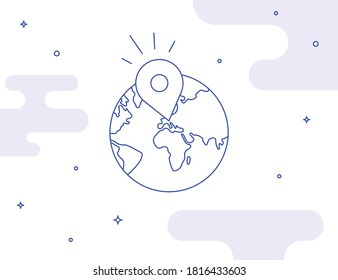 Map location pin on earth globe in starry space. Fully editable stroke illustration