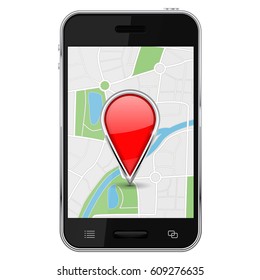 Map with location pin on smartphone screen. Vector 3d illustration isolated on white background