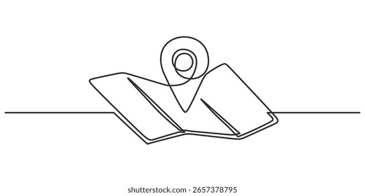 Mapa con el pin de ubicación en un estilo de dibujo de línea. Concepto de ilustración que simboliza la navegación, el descubrimiento y la exploración global. Ilustración vectorial minimalista dibujada a mano con trazo editable.