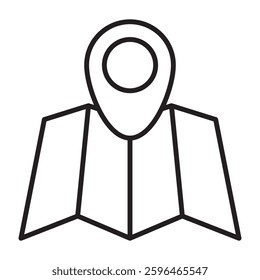 Map with location pin outline icon, navigation and travel symbol, black and white vector illustration isolated on white background.