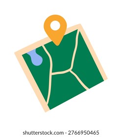 Map with location pin over road grid and lake in clean cartoon style. Concept of direction, gps tracking, route planning, and travel guide. Cartoon vector illustration.