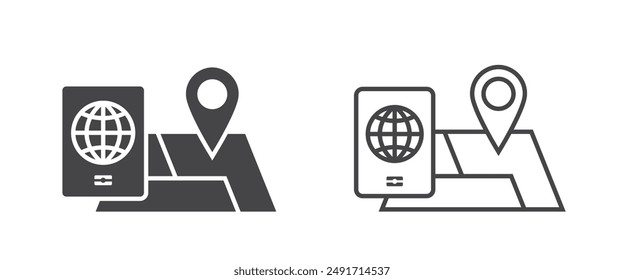 map with location pin and passport flat and line icons. travel, vacation and journey symbols. isolated vector images for tourism design